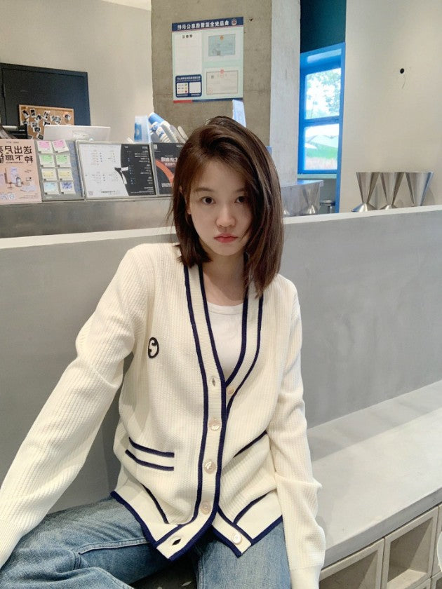 구찌 아플리케 리브드 코튼 앤 울 블랜드 로고 가디건