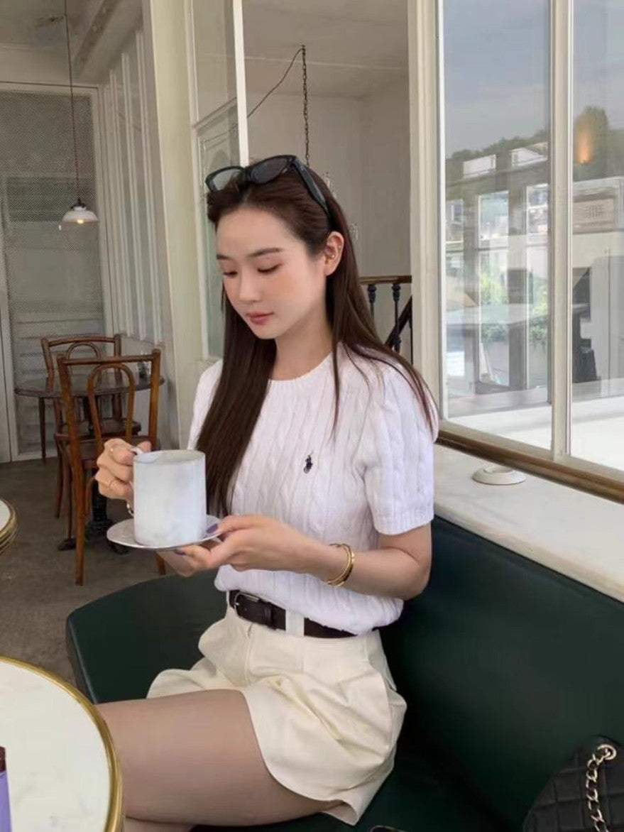 폴로 랄프로렌 여성 화이트 케이블 니트 반팔티