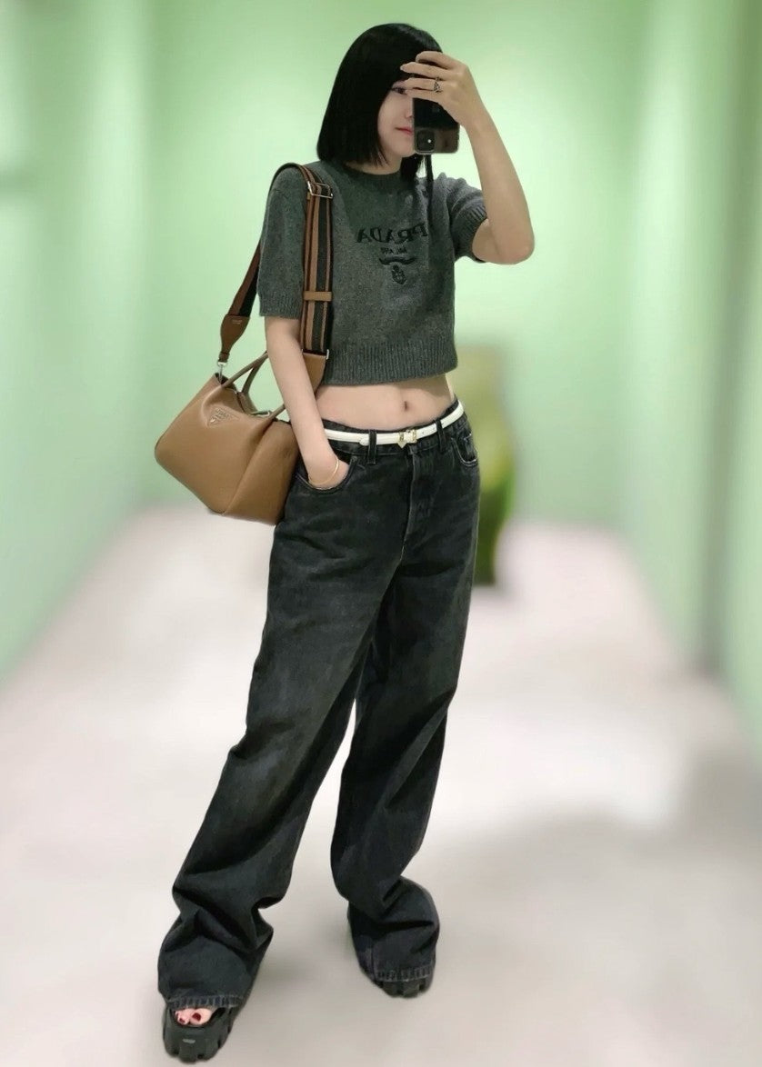 프라다 여성 캐시미어 크롭 반팔 니트