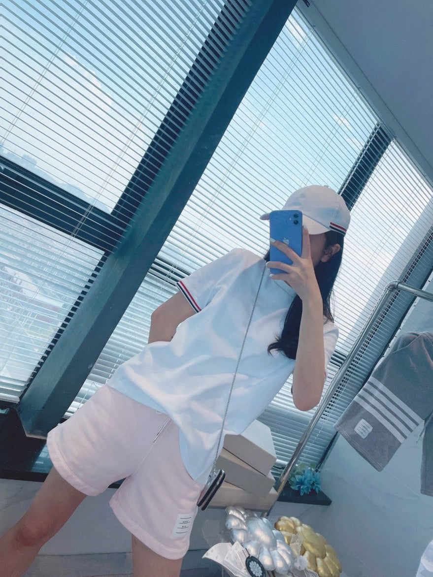 톰브라운 소매 삼선 피케 반팔티