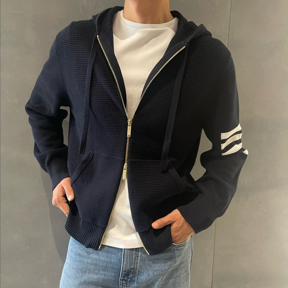 톰브라운 사선 완장 와플 후드 집업