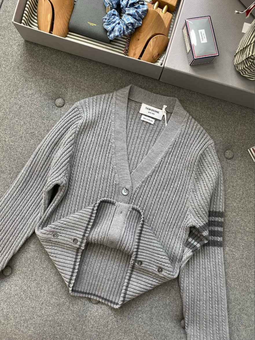 톰브라운 사선 완장 여성 케이블 가디건