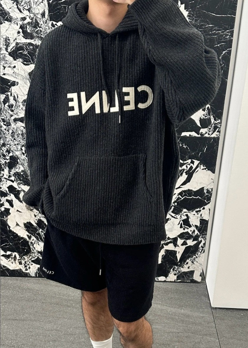 셀린느 레터링 로고 오버핏 울 후드 니트