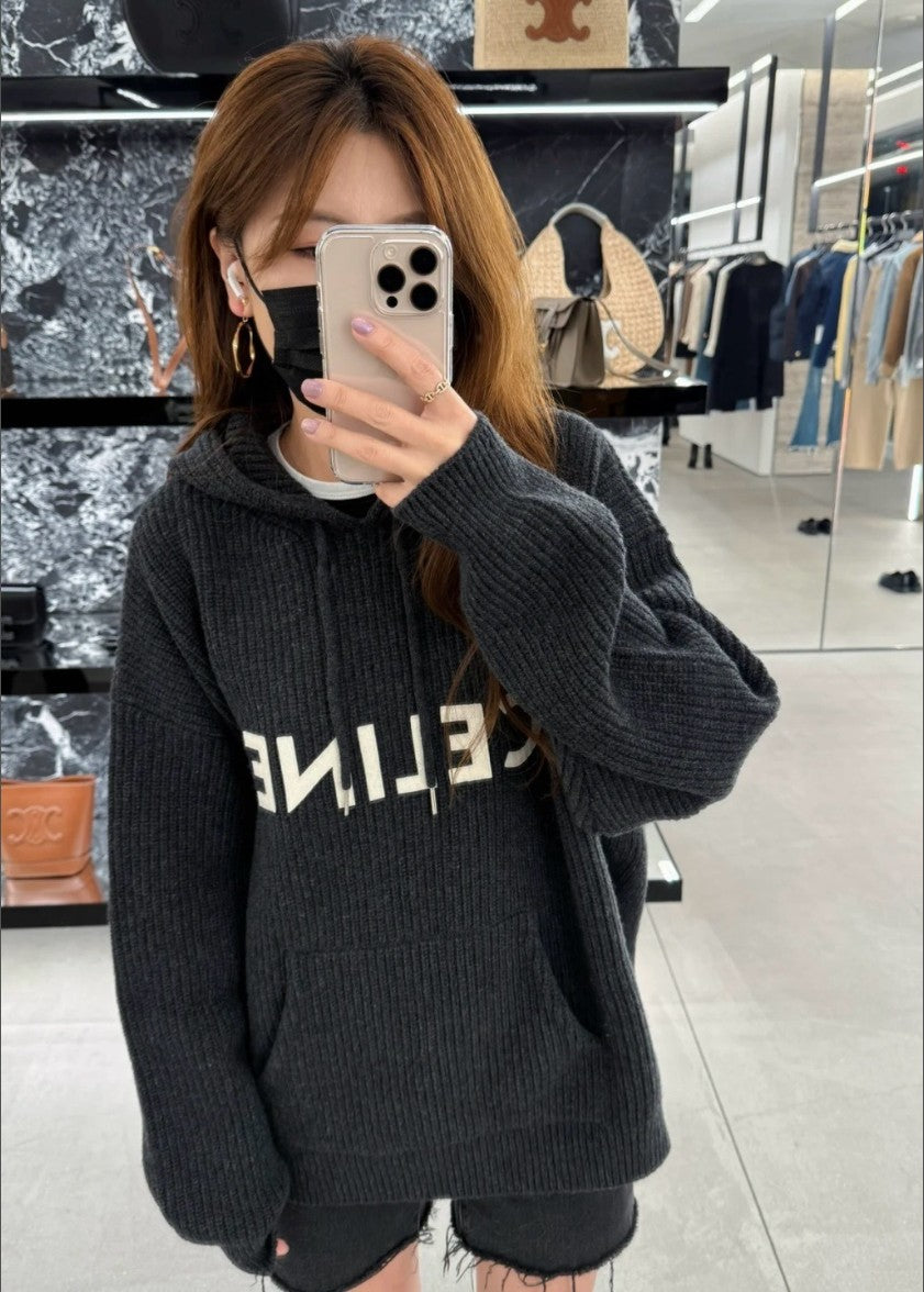 셀린느 레터링 로고 오버핏 울 후드 니트