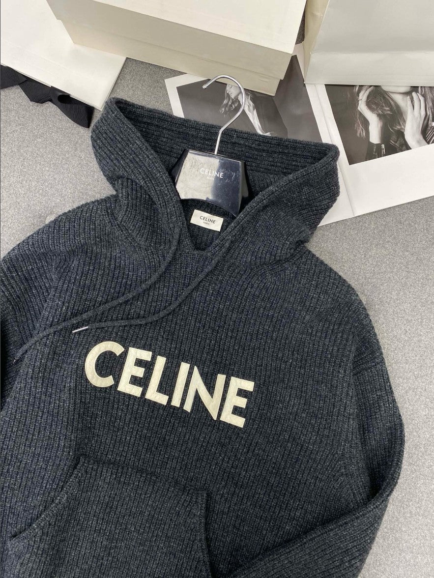 셀린느 레터링 로고 오버핏 울 후드 니트