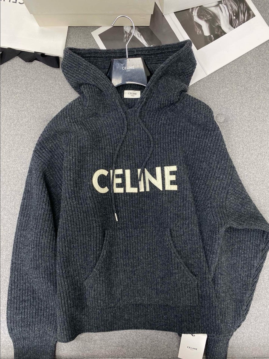 셀린느 레터링 로고 오버핏 울 후드 니트