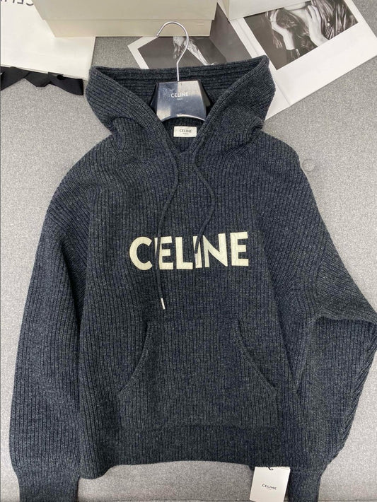 셀린느 레터링 로고 오버핏 울 후드 니트
